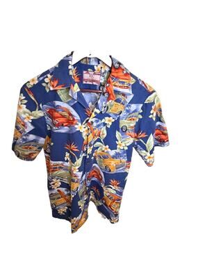 RJC Hawaii Men’s Small Hawaiian Shirt Classic Cars Hot Rod Floral Aloha USA